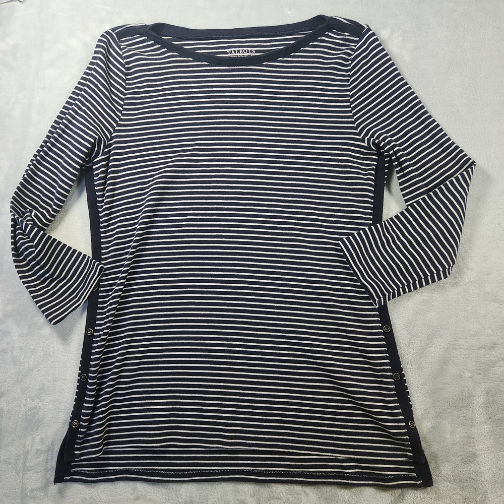 Talbots Womens Stretch Weekend Tee Size M Navy Blue & White Striped 3/4 Sleeves